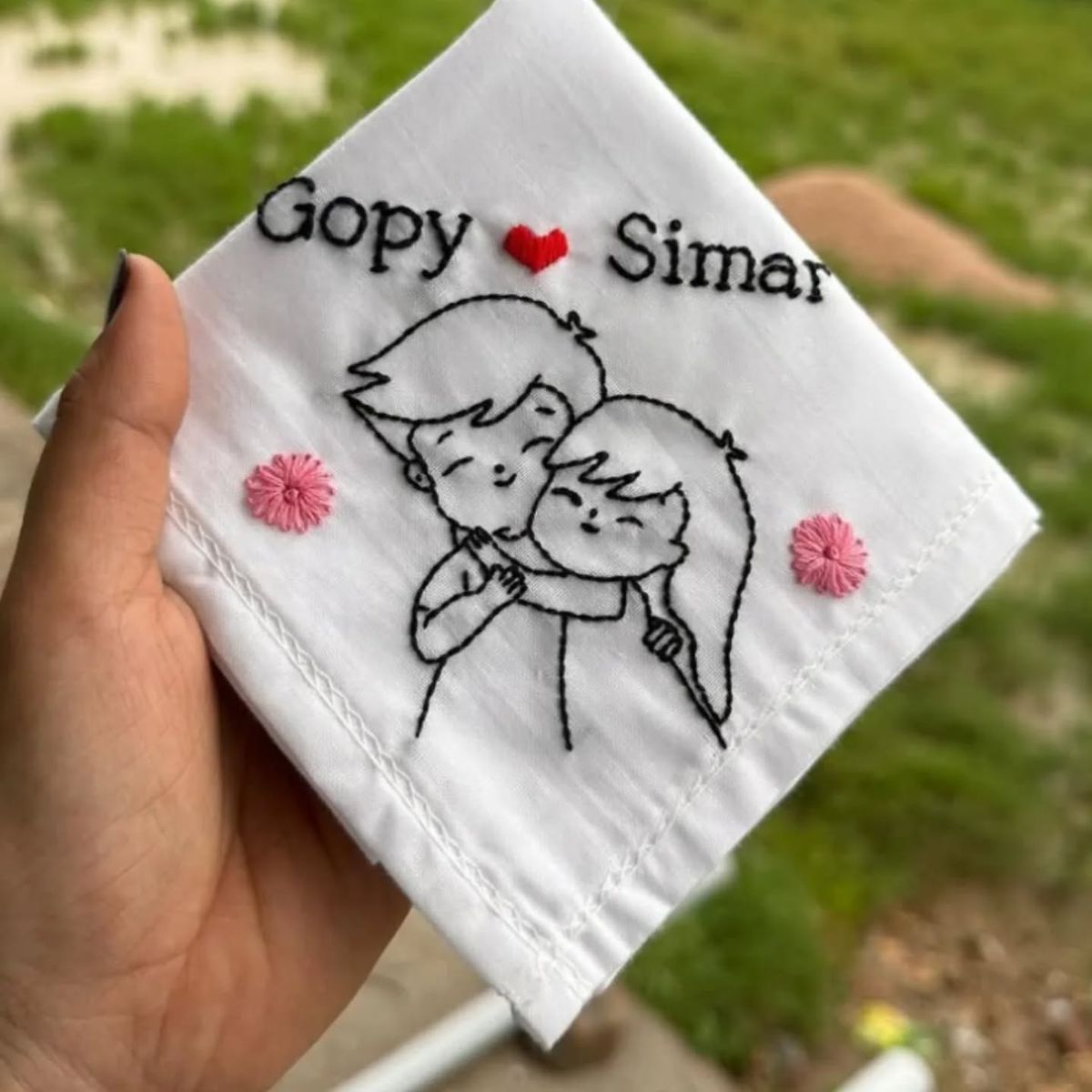Couple Hugging Embroidered Handkerchief