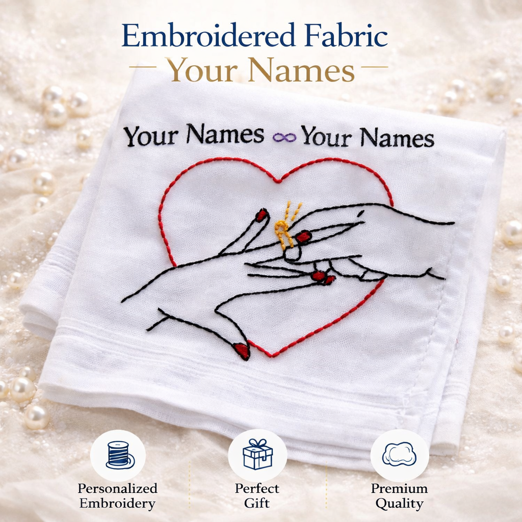 Embroidered fabric with hands holding a ring and a heart, with 'customized couple names' embroidered above, held against a blurred green outdoor background.